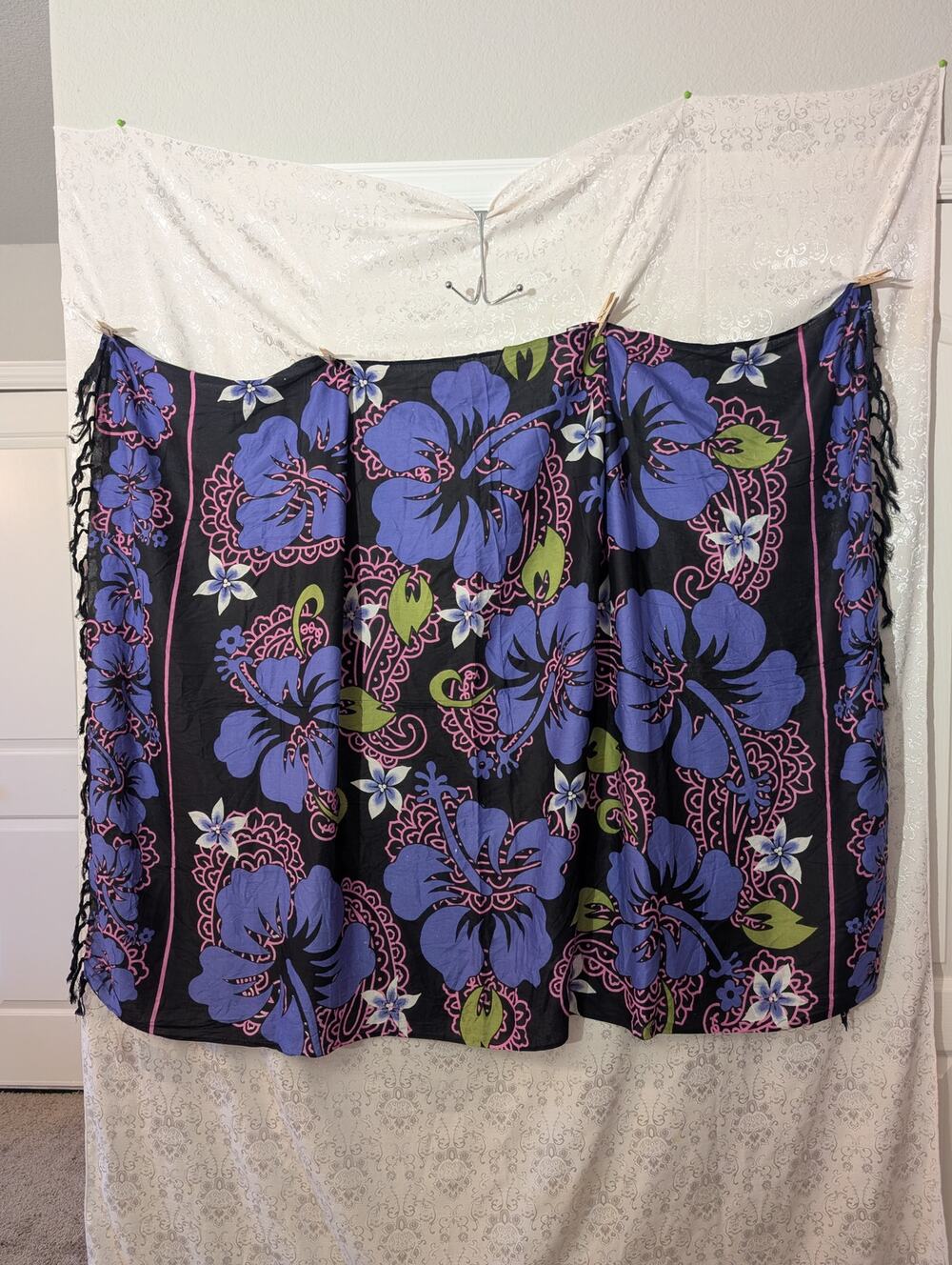 Vintage Tropical Purple Hibiscus Fringe Sarong Wrap